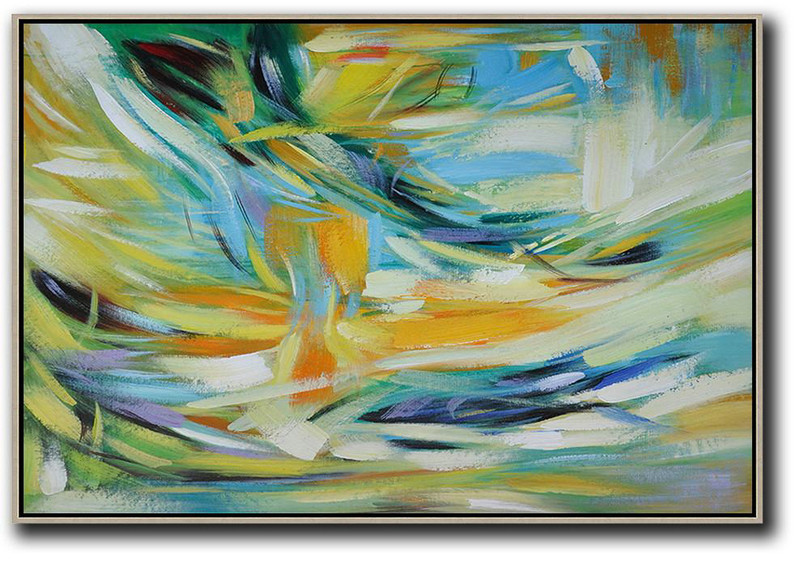 Large Abstract Art,Oversized Horizontal Contemporary Art,Large Wall Canvas,Yellow,Light Blue,Green,White.etc
